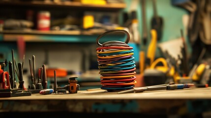 Wall Mural - Colorful wire bundle on a cluttered workbench in a workshop setting