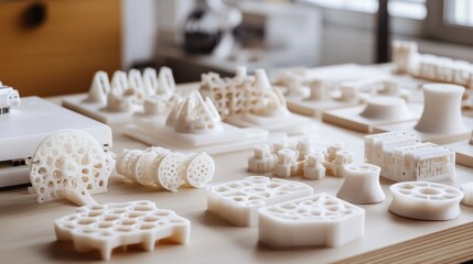Poster - Close-up of 3D-printed components awaiting assembly, highlighting the cutting-edge manufacturing techniques made possible by AI design algorithms in a futuristic production environment.