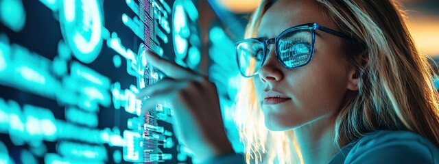 Focused woman with glasses examining digital data on a glowing screen in a modern technology environment