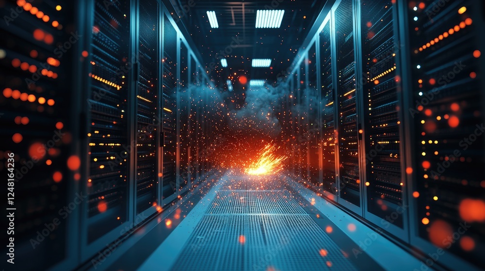 Flames and sparks erupting in a data center, smoke rising between ...
