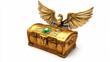 © Sahraya - Closed Egyptian treasure chest set isolated on background. Vector cartoon illustration of ancient golden safe box decorated with wings sign, green gem stone, front angle view. Adventure game ui props