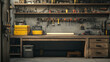 © Sehraye - Night workshop interior in garage storage room with tool shelf and lamp spotlight. Wood table in shed or basement with toolbox, board for handsaw and wrench. Engineer equipment in storeroom front view