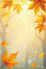 Wall Mural - Golden Autumn Leaves Falling in a Misty Forest, Evoking Serenity and the Beauty of Nature's Seasonal Transition