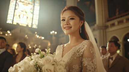 Poster - A beautiful bride holding flowers in her hands