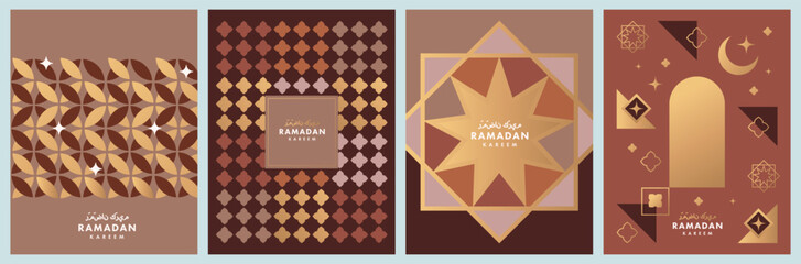 Wall Mural - Ramadan Kareem poster, holiday cover set. Islamic greeting card, banner template. Arabic text mean Ramadan Kareem. Modern design with geometric pattern overlay effect in trendy warming brown colors