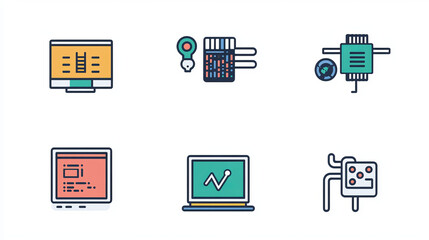 Wall Mural - coding and programming doodle icons set. computer with code on screen, algorithm scheme, mobile phon