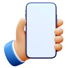 Hand holding mobile phone with blank empty screen 3d cartoon style illustration on transparent background.