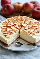 Delicious apple cheesecake with sliced apples on top, garnished with cinnamon and brown sugar, served on a marble table with fresh apples in background