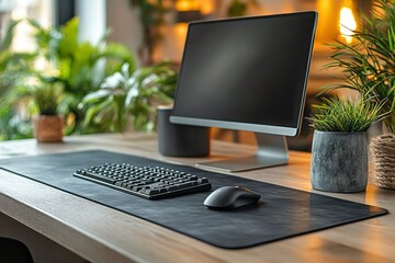 desk setup with computer keyboard mouse and plants modern workspace with wooden desk and natural lig