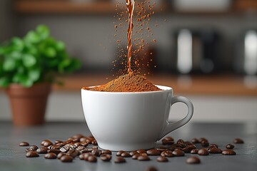 brewing aroma: coffee is poured into a white mug surrounded by coffee beans cozy kitchen vibe with a