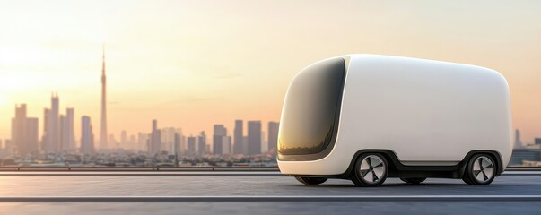 Fototapete - A sleek, futuristic delivery vehicle stands against a city skyline at sunset, showcasing innovative design and advanced technology.