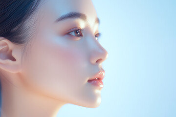 Aufkleber - 若い綺麗なアジア人女性モデルの横顔。健康的な美しさにフォーカスした美容ポートレート。水色の爽やかな背景。
