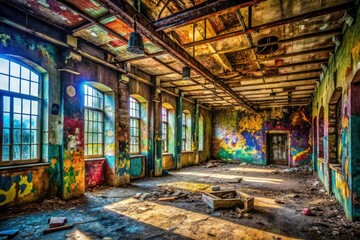  Slow decay's embrace: weathered walls, post-industrial shadows, and haunting graffiti mark abandoned city spaces.