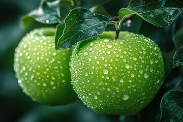 Wall Mural - Fresh green apples glistens with raindrops promising a juicy bite The fruit hangs among vibrant leaves signaling nature's abundance