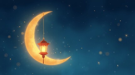 Wall Mural - A whimsical depiction of a crescent moon glowing softly against a deep blue night sky. 