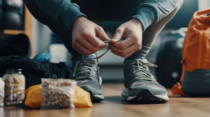  Athlete Tying Shoelaces Home Gym Fitness Preparation Indoor Close-Up Pre-Run Routine