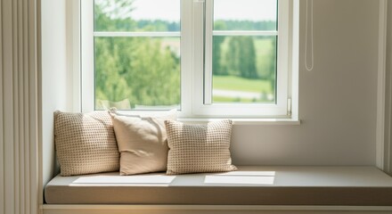 Wall Mural - Cozy sunlit window seat with cushions overlooking lush greenery