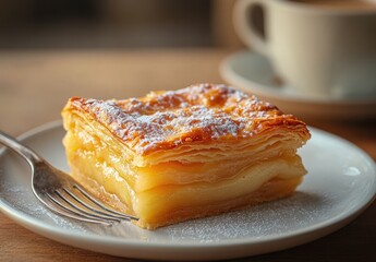 Wall Mural - Delicious layers of pastry filled with creamy custard topped with powdered sugar on a white plate beside a cup of coffee in a warm setting