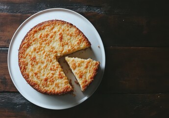 Wall Mural - Delicious Round Corn Cake on Plate with Slice Removed, Appealing Golden Brown Texture, Set on Rustic Wooden Table Background