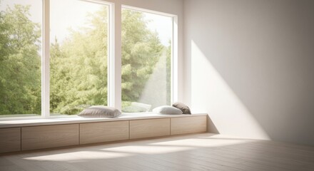 Wall Mural - Sunlit room with wooden floors and cushioned window seating overlooking trees