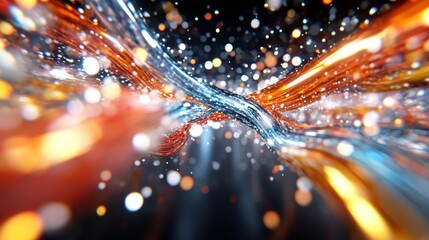 Abstract intertwined strands of orange and blue light shimmering with bokeh create a dynamic digital flow glowing in the darkness