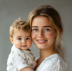 Wall Mural - Happy family with child, a young woman in a white shirt and glasses holding a baby boy on her shoulder, smiling at the camera