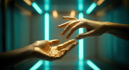 Wall Mural - Futuristic concept of two gold-painted hands reaching out in neon-lit room