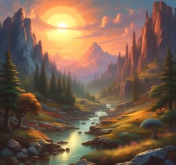 Wall Mural - Illustration of fantasy scenic landscape.