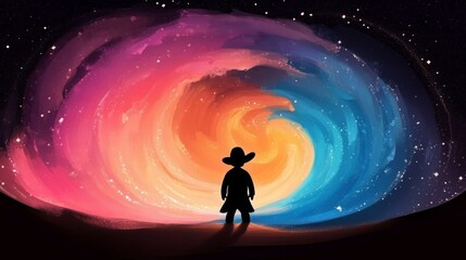 Wall Mural - Colorful cosmos envelops a solitary child silhouetted against the swirl of colors and stars symbolizing wonder dreams and the universe