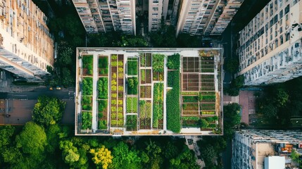 Poster - Aerial view of an urban rooftop garden surrounded by tall buildings, showcasing green patches and organized plant beds.