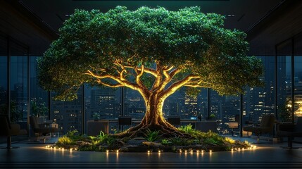 Poster - Glowing Holographic Tree Symbolizing Sustainability Discussions in Corporate Boardroom