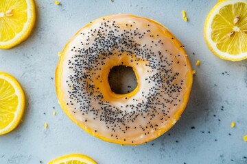 Canvas Print - Lemon glazed donut with poppy seeds and lemon slices