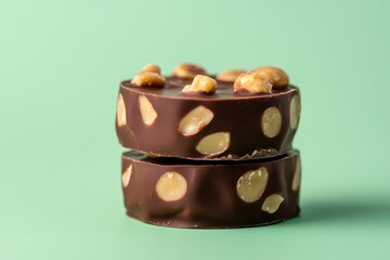 Wall Mural - Two chocolate peanut butter cups stacked against a green background