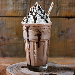 Wall Mural - Iced chocolate milkshake drink on wood background