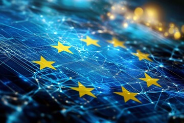 Wall Mural - Abstract Digital Background Featuring European Union Flag with Stars and Network Connections in Blue and Yellow Colors Symbolizing Unity and Technology