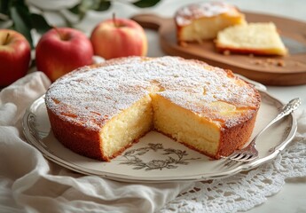 Wall Mural - Freshly Baked Classic Apple Cake with Powdered Sugar Dusting Surrounded by Red Apples on Elegant Plate and Rustic Background