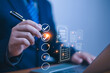 © c - Business performance checklist concept, Businessman using laptop take an assessment,An businessman checklist online survey filling form list options business employee security procedures.