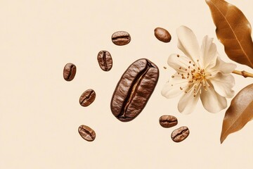 Canvas Print - Coffee beans and blossoms arranged on a light background