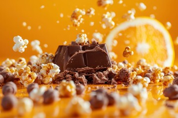 Wall Mural - Chocolate chunk surrounded by popcorn with orange slice backdrop