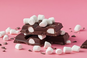 Wall Mural - Chocolate bars topped with marshmallows against a pink background