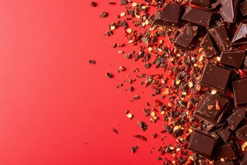 Canvas Print - Dark chocolate pieces and red pepper flakes against red background