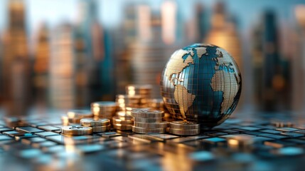 Wall Mural - a globe rests on a pile of coins, symbolizing global finance, wealth, and economic growth against a 
