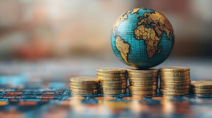 Wall Mural - a globe resting on a stack of coins, symbolizing global finance, economics, and wealth in a vibrant 