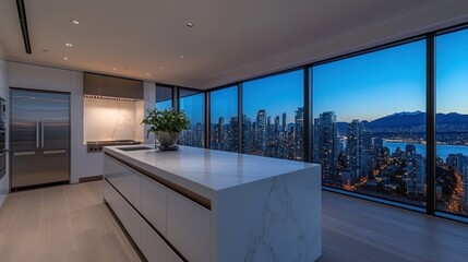 Wall Mural - Modern kitchen, city view, twilight, luxury condo