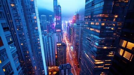 Wall Mural - Cityscape, Hong Kong, night, aerial view, traffic, urban