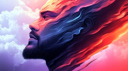 Wall Mural - Abstract portrait with flowing colors depicting a contemplative man blending artistic expression with serene introspection in a dreamlike sky