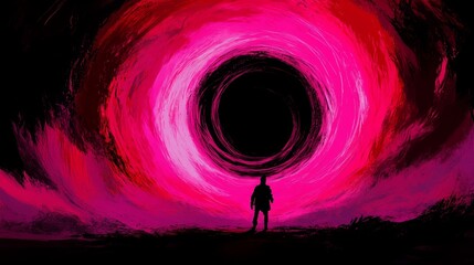 Poster - A lone silhouette stands before a swirling pink portal hinting at mystery and the unknown awaiting beyond the abstract painted horizon