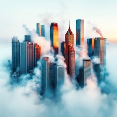 Fototapete - Aerial View of Modern City Skyline in Colorful Sunset with Clouds and Skyscrapers in Urban Landscape