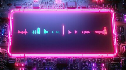 Wall Mural - neon circuit board audio waveform: abstract synthwave music background