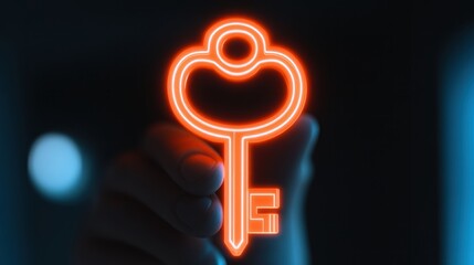 Leinwandbilder - Glowing Neon Key Held by Hand in Dark Background for Digital Art or Security Concept Imagery
